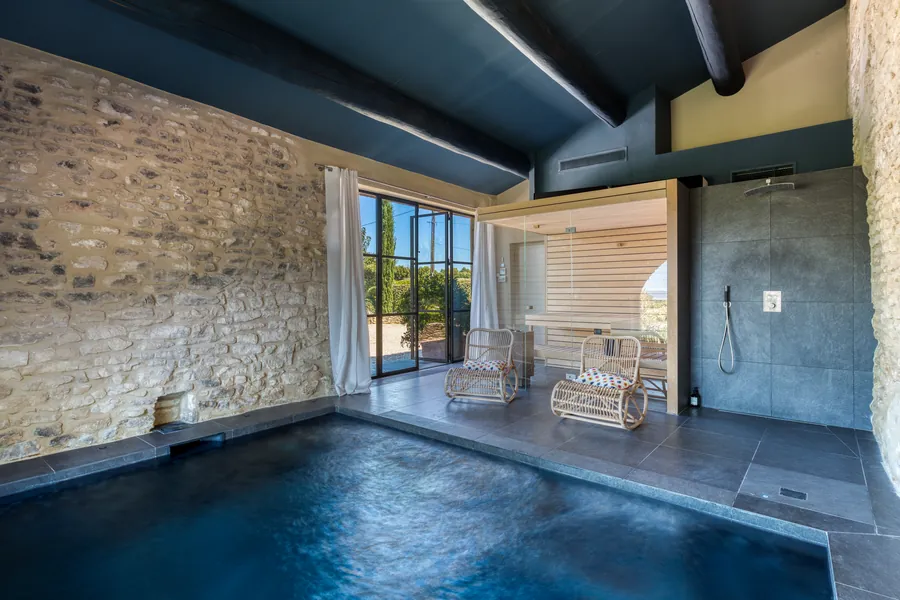 The indoor heated pool and sauna